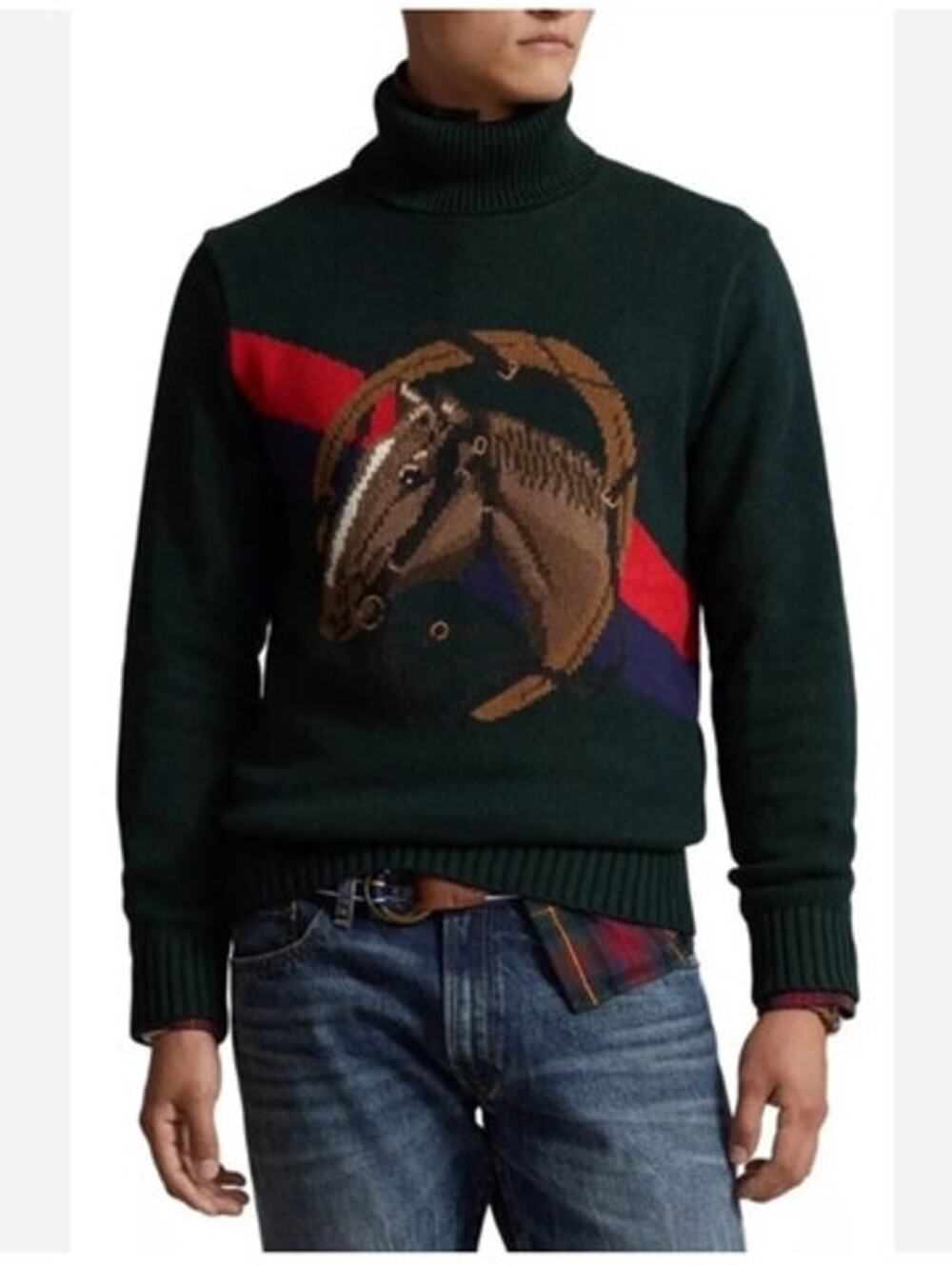 POLO RALPH LAUREN Sz L Large Green Equestrian Horse Head Pullover Sweater